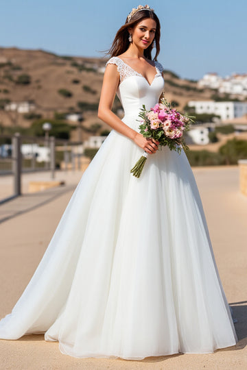 Tulle A Line White Floor Length Wedding Dress
